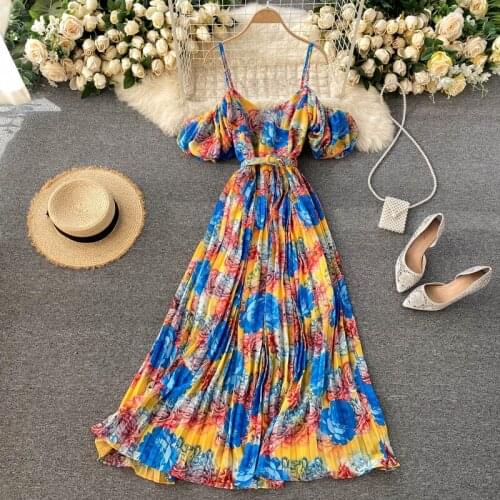 Womens summer runway fashion puff sleeve flower print long dress female sexy slip dress chic beach dress TB1400