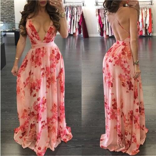Print Floral Loose Boho Deep V Neck Backless Long Women Dress 2018 Maxi Dresses Vestidos Sexy Back Cross Beach Summer Dress