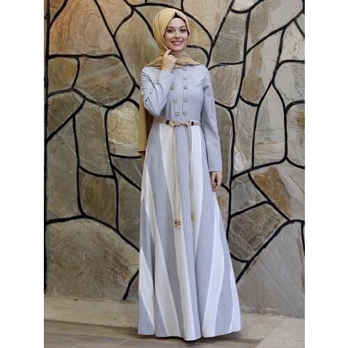 New Season Women Hijab Dress With Belt Muslim Islamic Clothing Pattern Elastic Button Detailed Hidden Zipper Made in Turkey