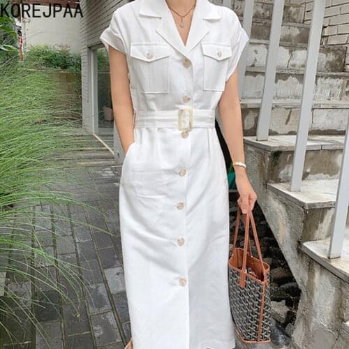 Korejpaa Women Dress 2021summer Korea Chic Retro Elegant Commute Lapel Multi Pocket Design Buckle Short Sleeve Dresses with Belt