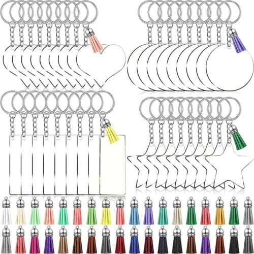 U90E 108Pcs Acrylic Board Clear Round Star Rectangle Heart Shape Keychain Blanks Colourful Tassel Key Rings Set for DIY Craft