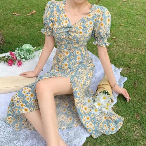 2021 summer new Dress Retro Boho Women Tie Neck Floral Print Floral Mini Sexy Floral Dress Elegant Puff Sleeve Dresses Korean