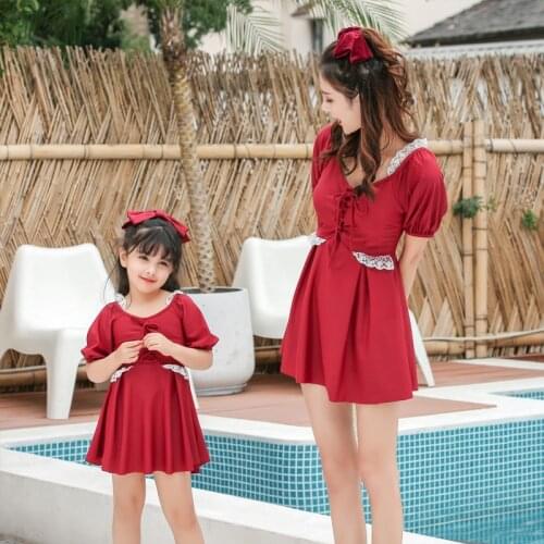 2021 New Summer Swimsuits Women Mother and Daughter One Piece Bathing Suit Matching Girls Red Swimwear Kids Swimdress Tankinis