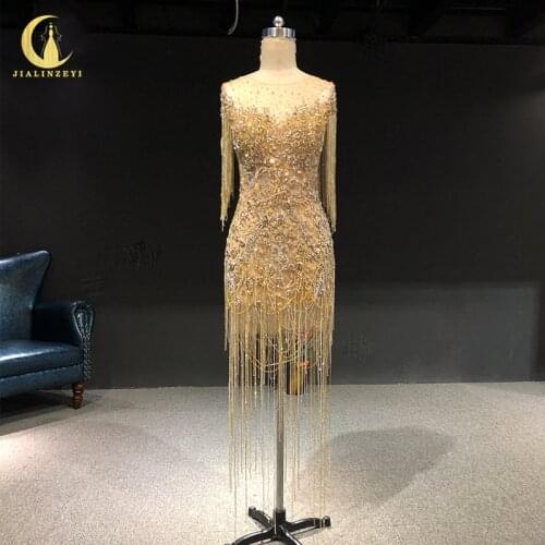 Rhine real Pictures Sexy Gold Crystal Beads Tassels Fashion Knee Length Party Dresses Prom dresses