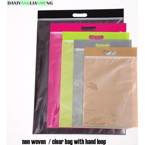50pcs/lot all sizes 20/25/30/35/40cm +hand loop-6colors Nonwoven zipper Gift Travel transparent handbag clothes packaging bags
