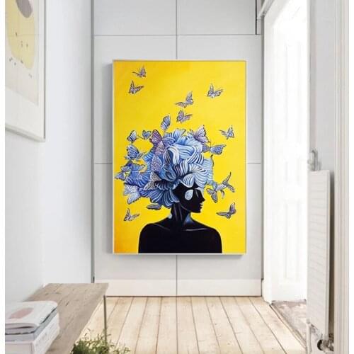 Abstract Girl with Butterfly Nordic Yellow Blue Posters and Print Canvas Painting Wall Art Picture for Living Room Decor Cuadros