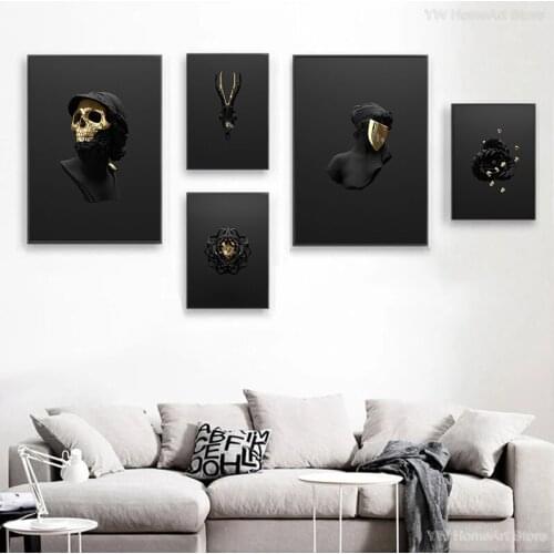 Abstract 3D Miniatures Poster Modern Black Gold Skull Painting Print on Canvas Posters and Prints Wall Art Pictures Room Decor