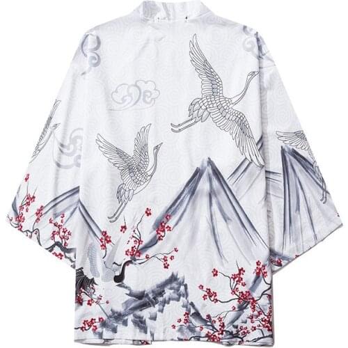 White Asian Clothes Japanese Crow Print Kimonos Streerwear Yukata Women Haori Harajuku Kimono Robe Cardigan Men sleepwear