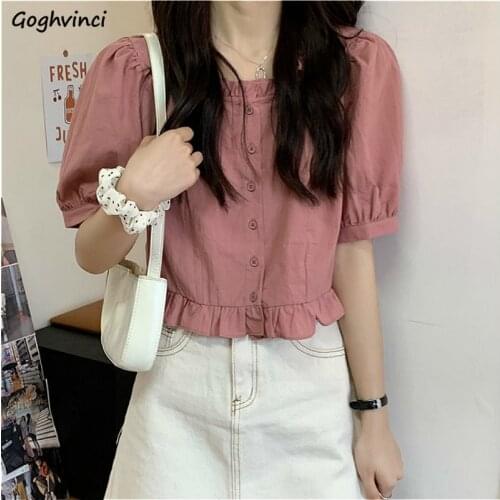 Blouses Shirts Women Crop Top Square Collar Solid Ruffles Sweet Korean Style Ins Womens Fashion All-match Chic Summer Vintage