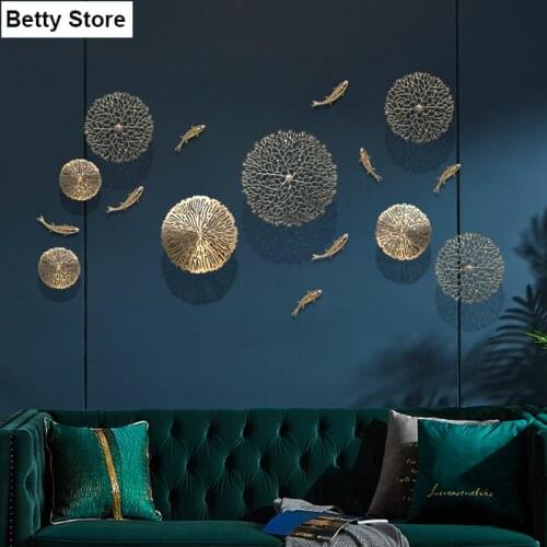 Simulation Pond Goldfish Lotus Leaf Coral Golden Hollow Chinese Retro Wall Pendant Background Wall Decoration Home Accessories