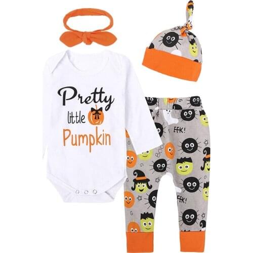 2020 Fall/winter Baby Boys Girls Clothing Sets Childrens Halloween Pumpkin Letter Romper + Trousers + Hat + Headband 4PCS Suit
