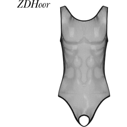 Mens Fishnet Leotard Bodysuit Adult Sexy Hollow Out Lingerie Sleeveless Open Crotch Jumpsuit Underwear Nightwear Male Exotic