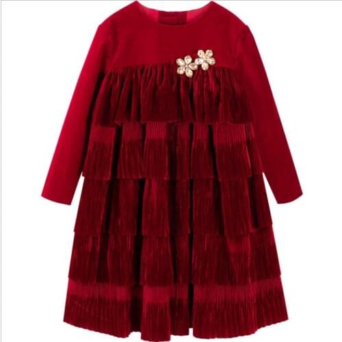 Baby girl red vintage velvet princess dress kids casual diamond birthday party pleated layered dress