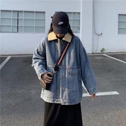 Jackets Women Oversized Velvet Thicker Denim Denim Hip Hop Winter Warm Streetwear Korean Style Students Womens