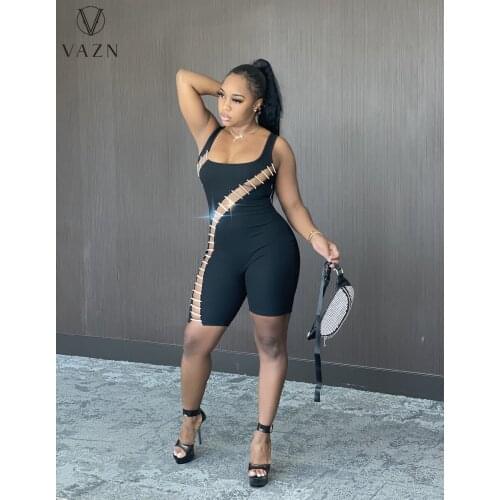 VAZN 2021 summer women fashion hot sale street girl style jumpsuits sleeveless hollow out pure color jumpsuits short pants