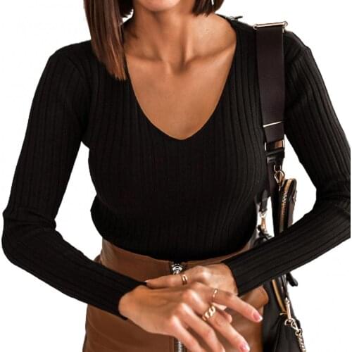 Fashion Women Sexy Deep Long Sleeve V Neck Ribbed Blouse Solid Color Knitwear Pullover Elegant Female Knitted Outerwear Warm Sw