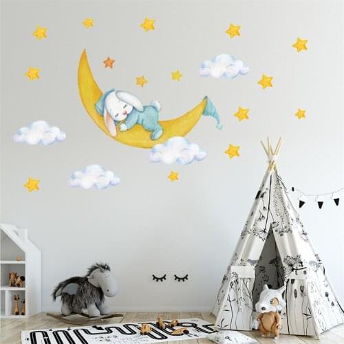 Cartoon Rabbits Wall Stickers Sleeping on The Moon for Kids Room Baby Room Decoration Bunny Wall Decals Diy Pvc Wallpaper