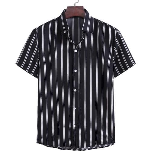 Mens Shirt Blouse Striped Loose Short Sleeve Casual Buttons Beach Shirt Men Dress Chemise Homme