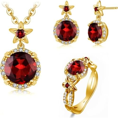 Szjinao 14K Gold Jewelry Sets For Women Boho Flower Engrave Ring Earrings Pendant Set Garnet With Diamond Silver 925 Jewelry Hot