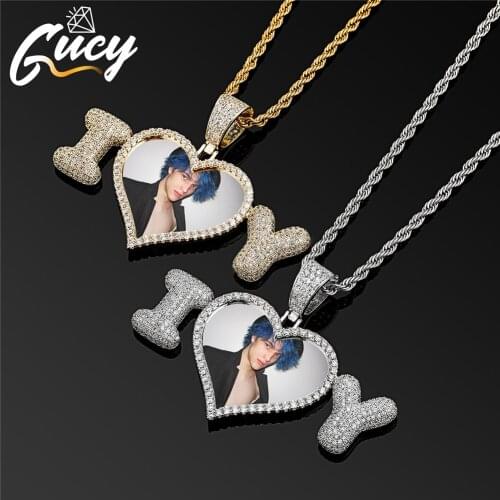GUCY New Small A-Z Custom Name Letters & Heart Photos Pendant Necklace Mens CZ Hip Hop Jewelry Gift