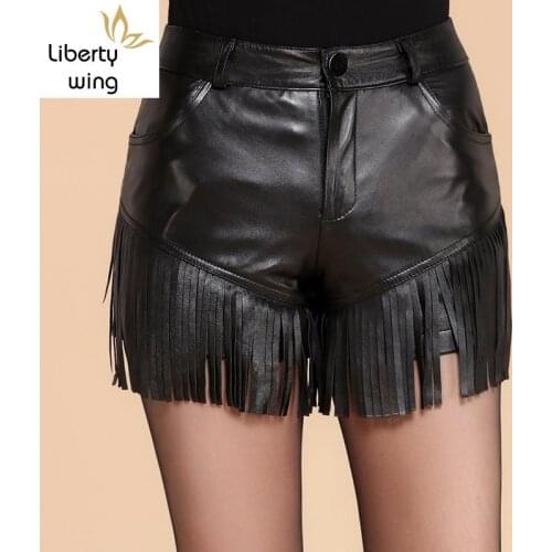 Genuine Short Pants 2020 Fall Winter Wrap Sheepskin Black Slim Fit Tassel Straight Leg Leather Shorts Women