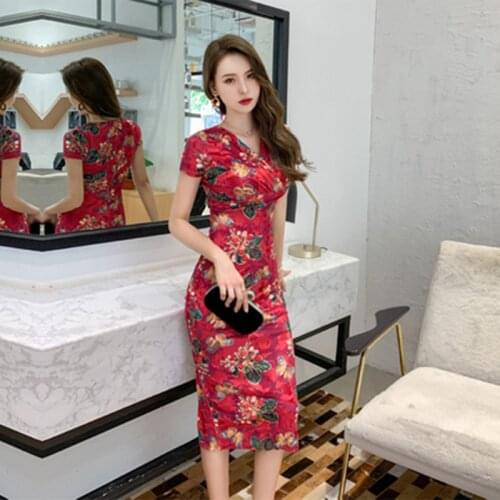 Summer Sexy Office Chic Dresses High-end Women V Neck Short Sleeve Elegant Party Dresses Vintage Print Velvet Dress Vestidos