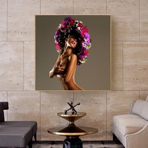 Modern Nude Portrait Art Posters and Prints Wall Art Woman in Elegant Flowers Hat Pictures for Living Room Home Decor No Frame
