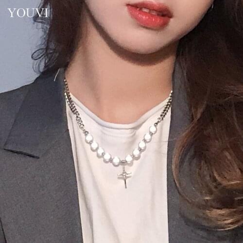 YOUVI Luminous Pearl Necklace for Women Shiny Crystal Cross Wedding Pedant Necklace Jewelry Charm Stainless Steel Chains on Neck