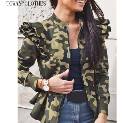 Women Long Sleeve Open Front Leopard Plaid Camouflage Print Ruffles Zip Casual Jacket Coat Slim Jacket