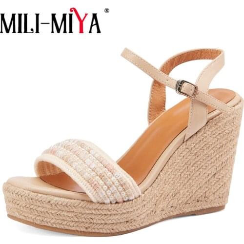 MILI-MIYA Summer New Women Woven Platform Wedge High Heel Sandals Buckle Ankle Strap European American Open Toe Party Dress Shoe