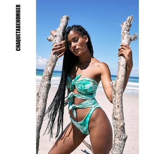 2021 Women Sexy Tie-dye Bandage Bikinis Set Swimwear Summer One Piece Hollow Double-sided Printing Swimsuit Halter Top Bathing