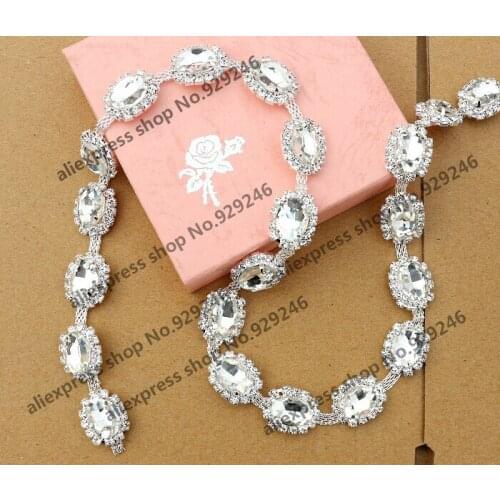 Free shipping 90cm/pack 1.5cm oval glass crystal rhinestone chain sewing on garment stone decorations headband shoes accessory