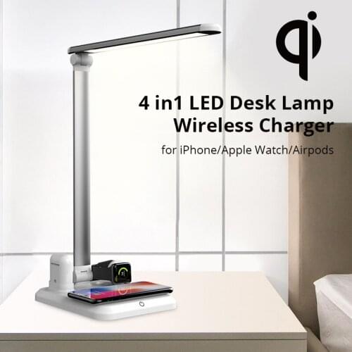 4 In1 QI Wireless Charger LED Desk Lamp Touch Sensor Reading Table Lamp for iPhone Airpods Mobile Phone Watch Earphone Charging