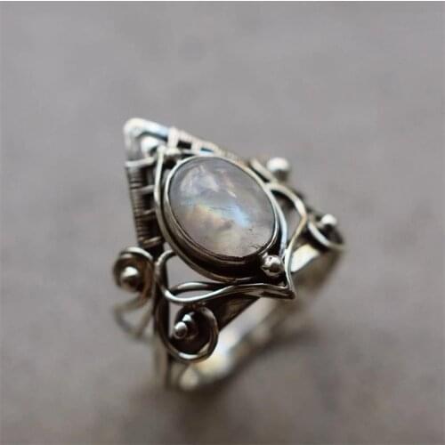 Bohemian Vintage Moonstone Ring Creative Pattern Ring Women Engagement Wedding Fashion Jewelry Gift