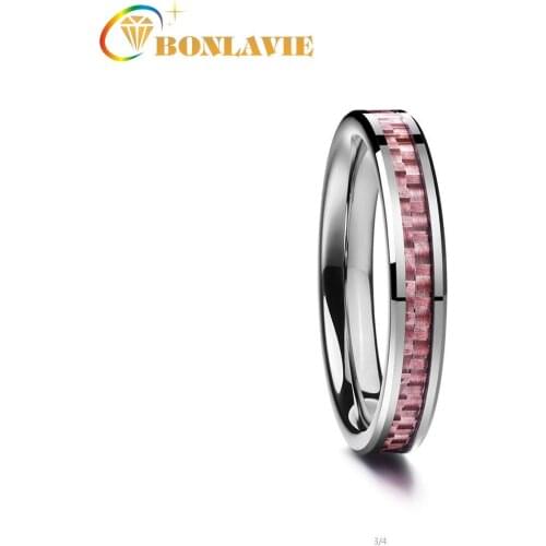 BONLAVIE Mens 4mm Wide Tungsten Carbide Pink Carbon Fiber Steel Tungsten Steel Ring Imitation Rock Stone Tungsten Rings