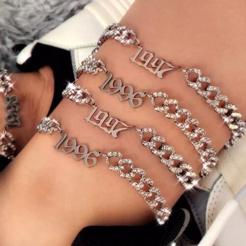 Fashion 1996-2005 Birth Year Number Anklets Bracelet Leg Foot Jewelry Bling Rhinestone Cuban Chain Anklet For Women Friend Gifts