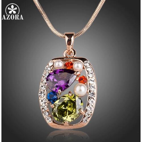 AZORA Rose Gold Color Multicolor and Multishape CZ Pendant Necklace TN0128