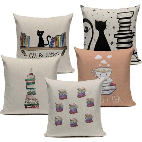 Cat Happy Reading More Book Cushion Cover Customized Linen Pillowcase Home Sofa Decorative Custom Letter Throw Decor Cojines