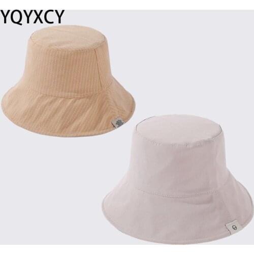 YQYXCY Double Sided Bucket Hat Women Striped Spring Summer Sun Hat Casual Korean Flat Top Fisherman Cap Cloth Label Sunshade New