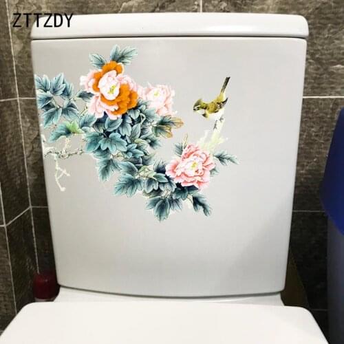 ZTTZDY 24.6*22.9CM Classical Painted Flowers And Birds Art Toilet Sticker Decor Home Wall Decal T2-0253