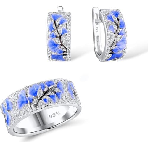 3pcs/set Women Jewelry Set Elegant Temperament Blue Ginkgo Leaf Flower Silver Hoop Earrings Ring Set Wedding Banquet Jewelry Set
