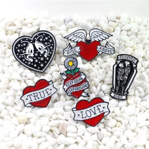 Red Heart Black Skeleton White Banner Surround Gothic Series Brooch Eternal Love Constantly Increases Forever Love Wings badge