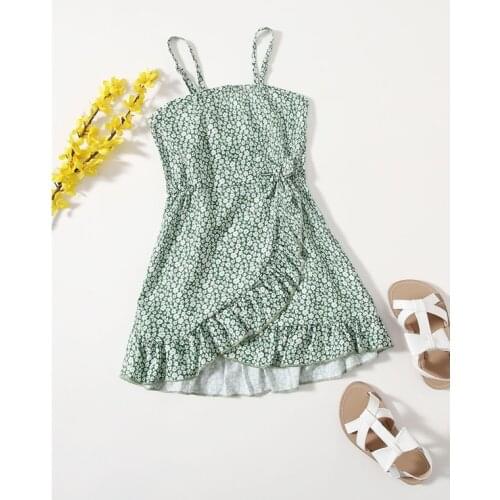 Summer 2-7Y Infant Kids Girls Holiday Dress Flowers Printed Strap Sleeveless Ruffles A-Line Sundress