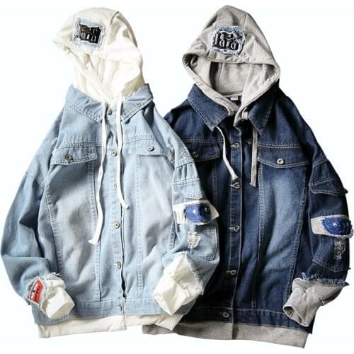 Mens clothing Hong Kong style denim jacket spring and autumn Korean trend student casual hooded jacket coat