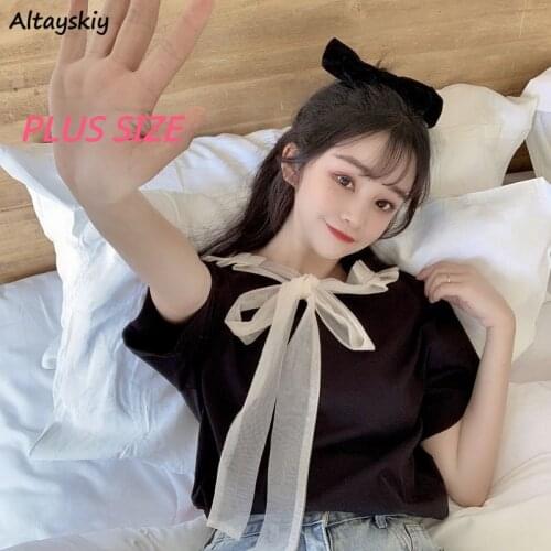 Solid T-shirts Women Bandage Korean Style Popular Cute Sweet Ulzzang College Plus Size Teens Girls Kawaii Summer Female Top Chic