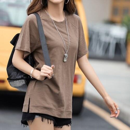 OUMOENGKA 2021 Summer Women Coffee Basic Cotton T Shirt Short Sleeve O Neck Long Tees Ladies Casual Tee Shirt Street Wear Top