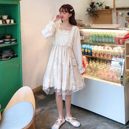 Cute Womens Autumn Long Sleeve Beige Dress Sweet Girl Veil Layer Fairy Kei Double Layers One Piece