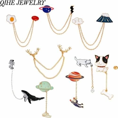 QIHE JEWELRY Galaxy Monn Astronaut Fuji mountain Egg Deer Whale Dog Animal Tassel Pins Brooches Badges for Women Men Cute Pin