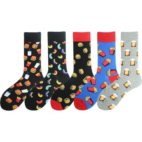 Colorful Hot Dog Hamburg Beer Pattern Novelty Crew Socks Mens Funny Food Kawaii Sokken Creative Casual Cotton Socks For Male