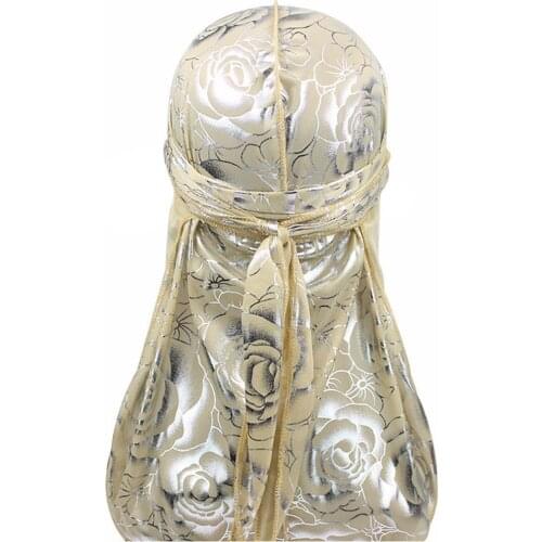Rose Gold Mens Durag Fashion Bandanna Cap Turban Hat Silky Satin Doo Rag Women Long Tail Pirate Hat
